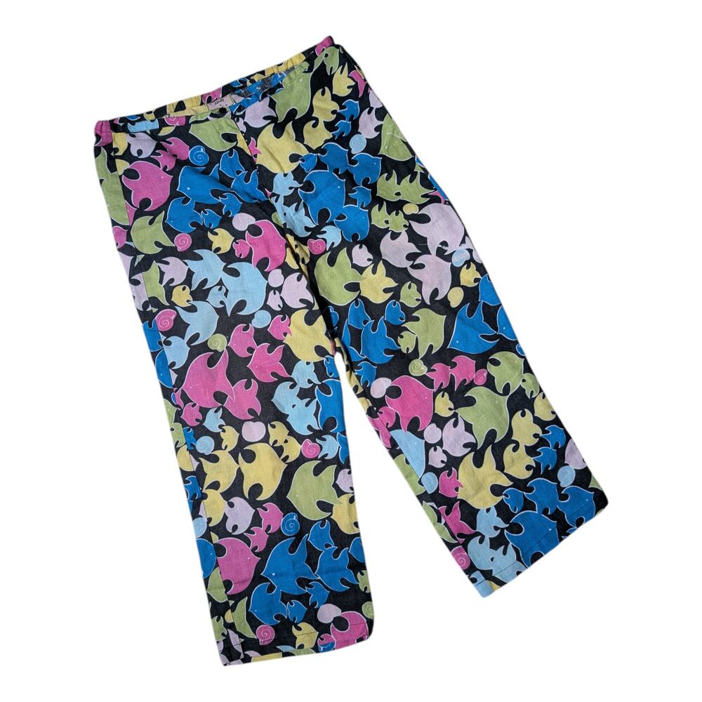 Vtg 1990s Dandy by Randi M Black Colorful Fish Print Linen Cropped Pants Sz S